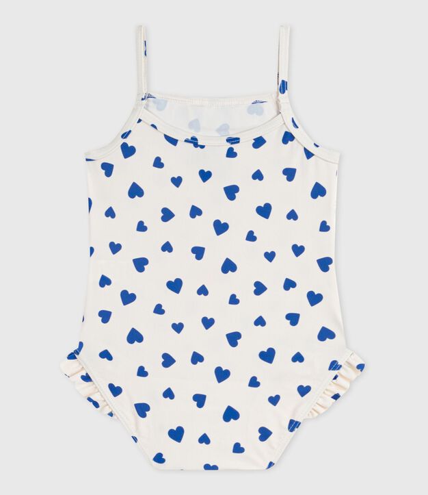 Babies' one-piece heart print ruffled swimsuit. white/blue