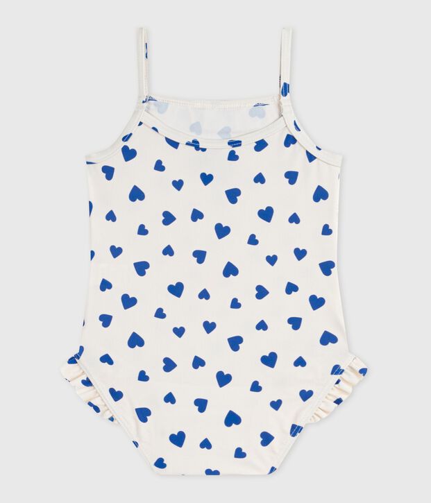 Babies' one-piece heart print ruffled swimsuit. white/blue