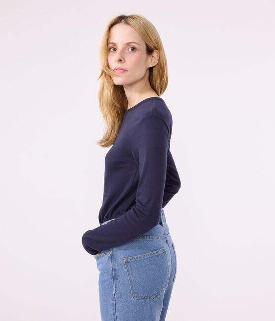 Women's iconic long-sleeved plain rib knit T-shirt SMOKING blue