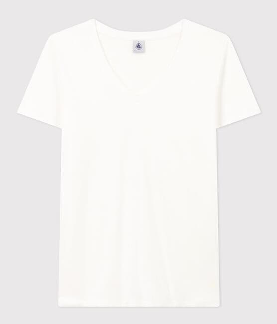 Women's Straight long-sleeved V-necked fine jersey T-shirt ECUME white