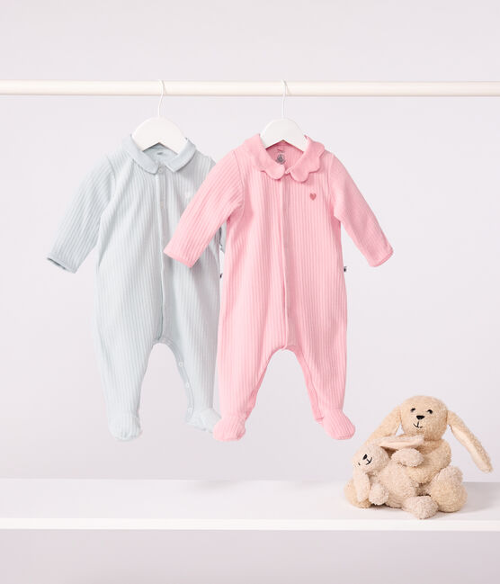 Babies' plain velour pyjama suit with a collar CHARME pink
