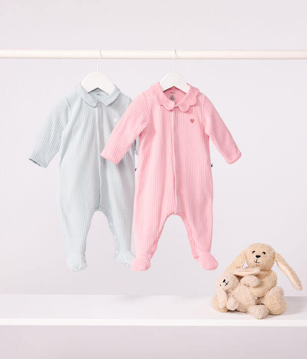 Babies' plain velour pyjama suit with a collar pink