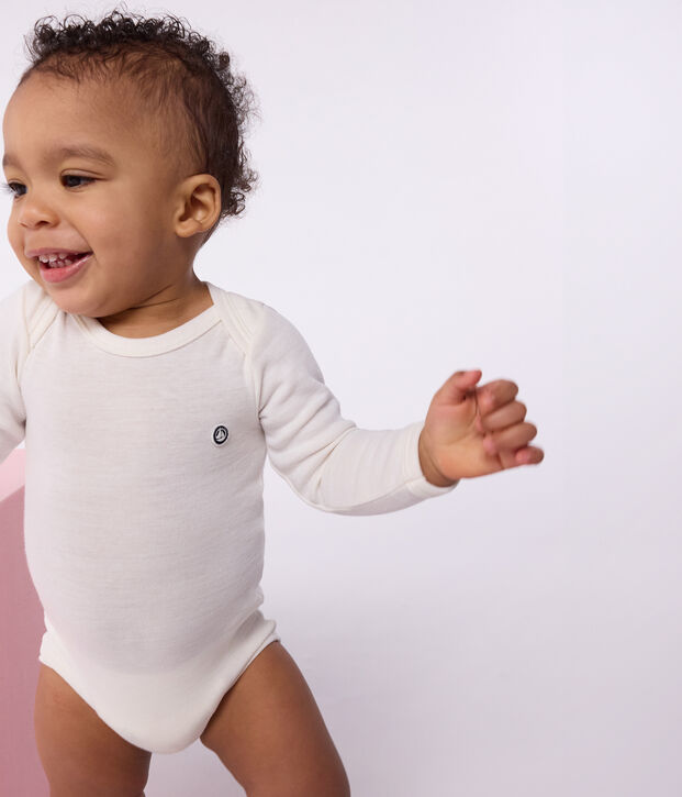 Babies' long-sleeved body in wool and cotton beige