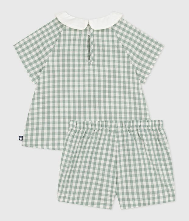 Babies' two-piece cotton gingham blouse and shorts set green/white