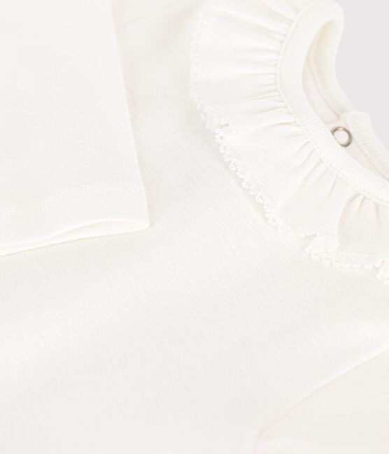 Babies' Long-Sleeved Cotton Bodysuit With Ruffle Collar MARSHMALLOW white