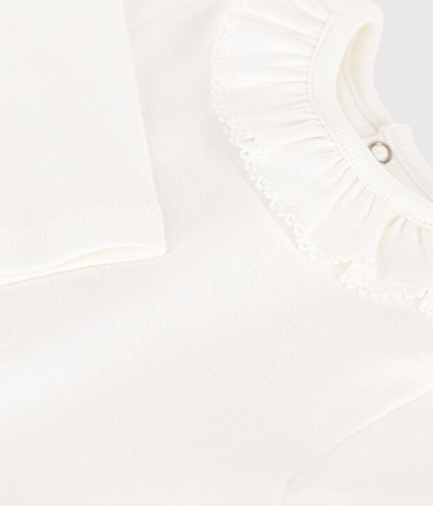 Babies' Long-Sleeved Cotton Bodysuit With Ruffle Collar white