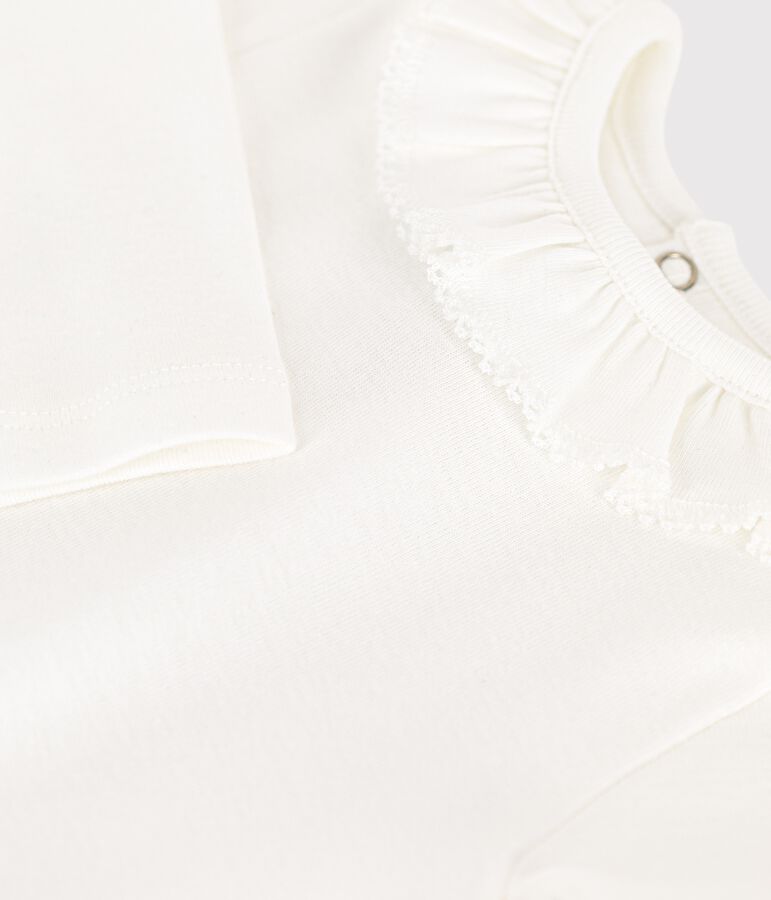 Babies' Long-Sleeved Cotton Bodysuit With Ruffle Collar white