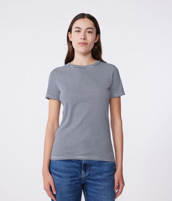 Women's stripy rib knit short-sleeved Iconic T-shirt SMOKING blue/MARSHMALLOW white
