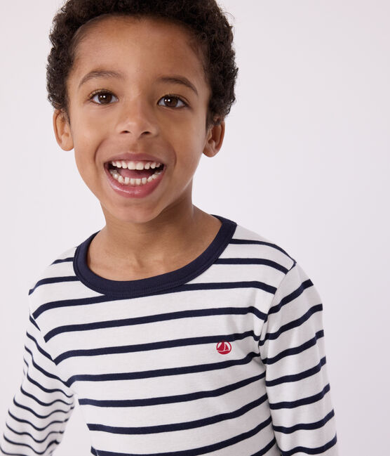 Boys' Cotton Pyjamas with Sailor Stripes MARSHMALLOW white/SMOKING blue