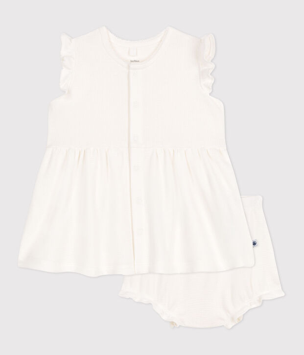 Babies' short-sleeved white honeycomb dress and bloomers white