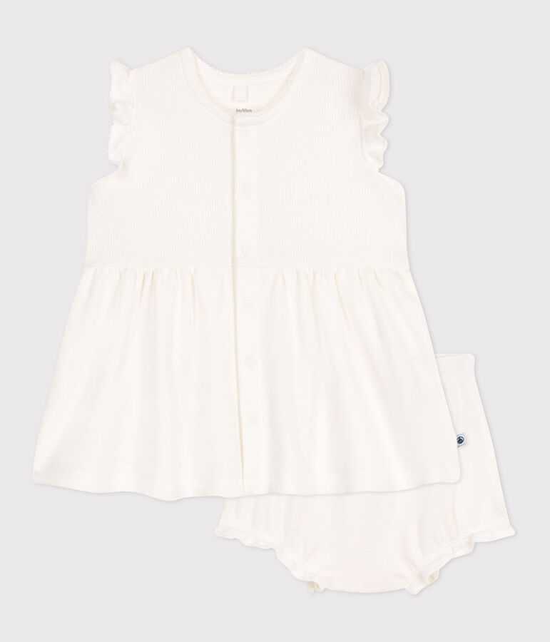 Babies' short-sleeved white honeycomb dress and bloomers white