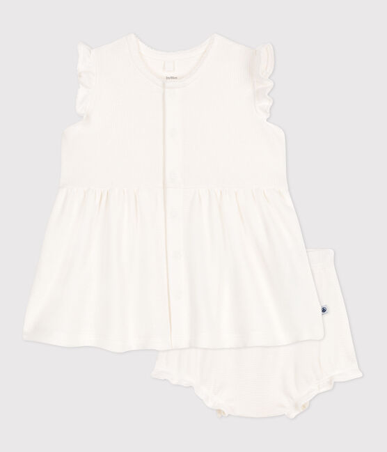 Babies' short-sleeved white honeycomb dress and bloomers
