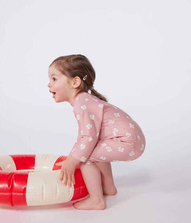 Babies' anti-UV floral print jumpsuit pink/white