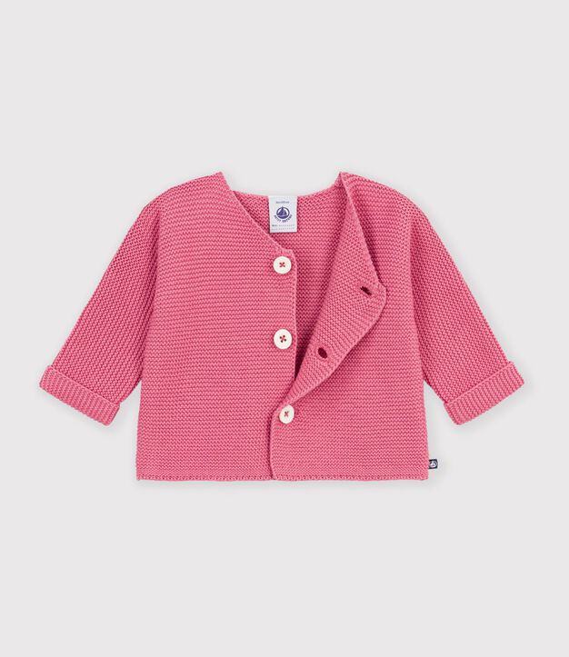 Baby cardigan knitted in garter stitch in plain cotton pink