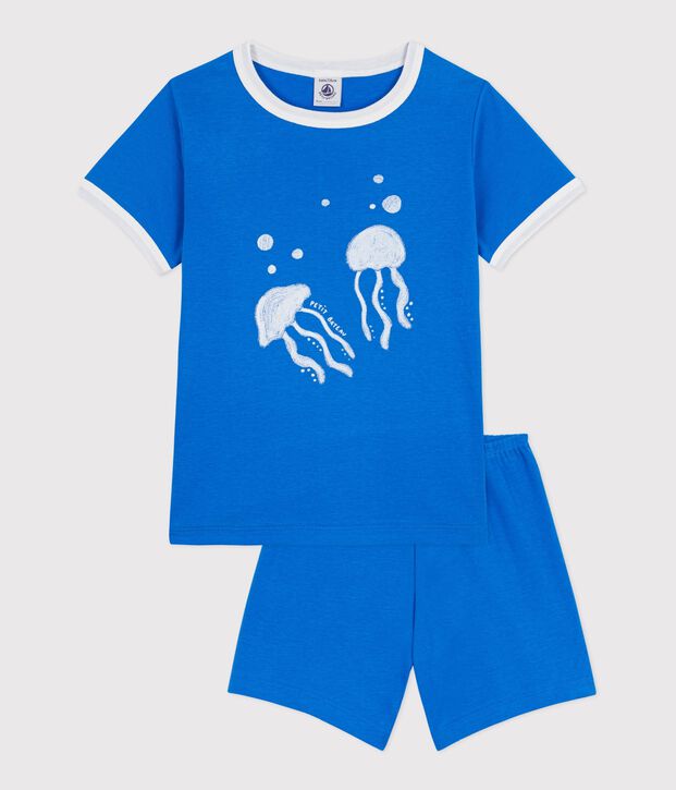 Children's short jellyfish pattern cotton pyjamas blue