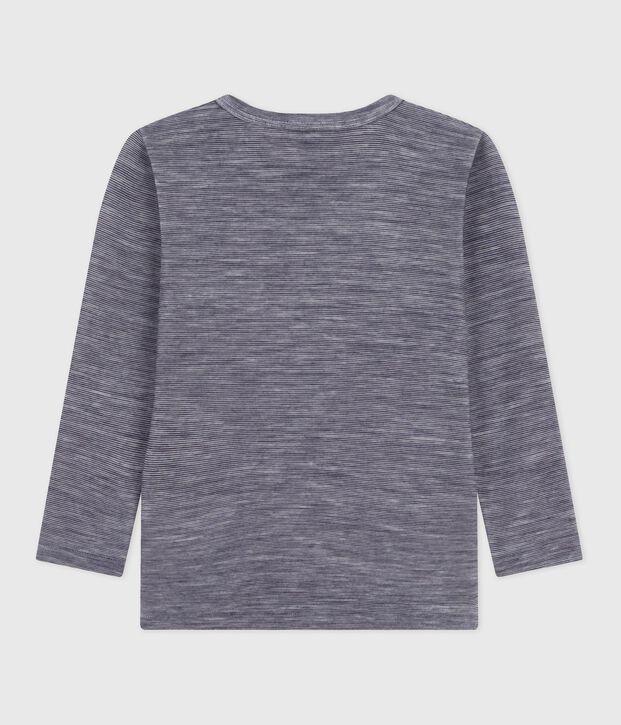 Children's long-sleeved stripy wool and cotton T-shirt blue/white