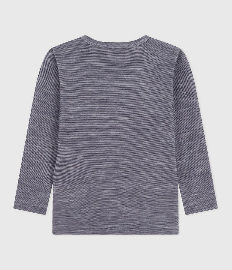 Children's long-sleeved stripy wool and cotton T-shirt blue/white