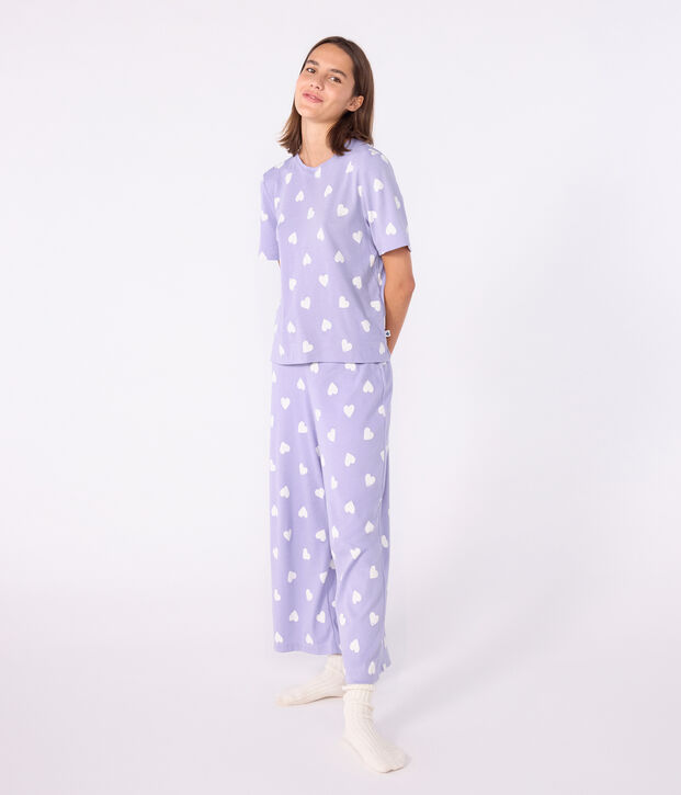Women's cotton pyjamas with a heart print, short sleeves and wide legs purple/white