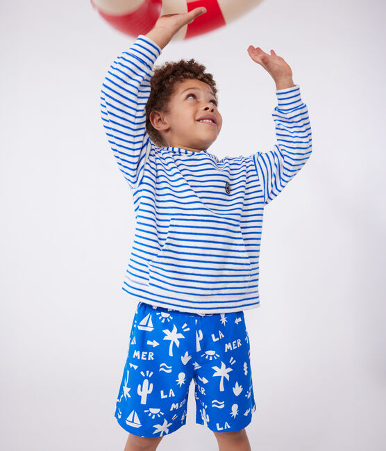 Children's unisex stripy cotton terry hoodie MARSHMALLOW blue/PORCELANA