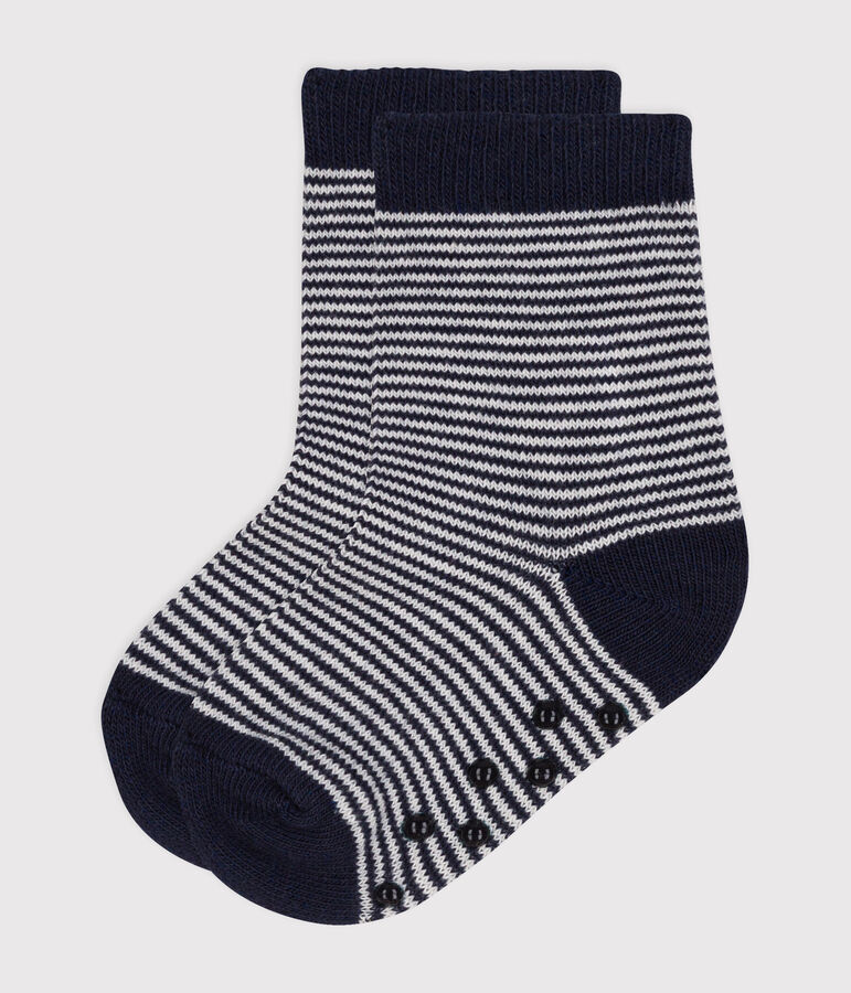 Two pairs of babies' stripy cotton socks with slip-resistant soles blue/white