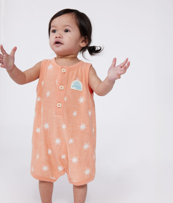 Babies' sleeveless cotton terry playsuit with a sunshine print ABRICOT orange/MARSHMALLOW