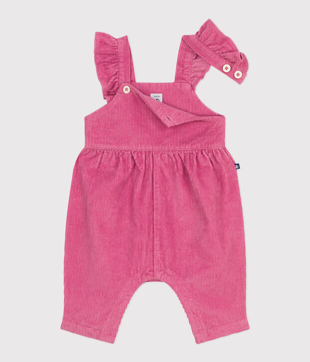 Babies' dungarees in plain corduroy with ruffles and long legs pink