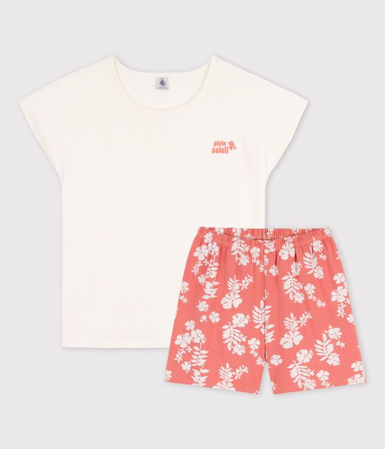 Girls' Cotton Short Pyjamas MARSHMALLOW white/PAPAYE