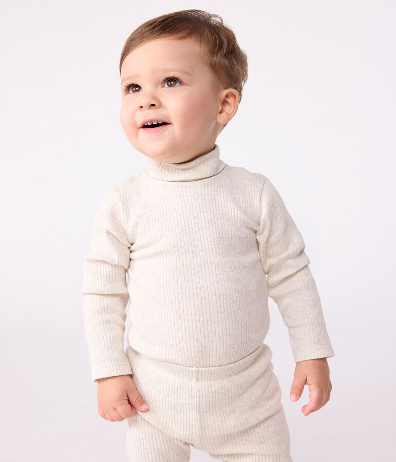 Babies' plain cotton rollneck body beige