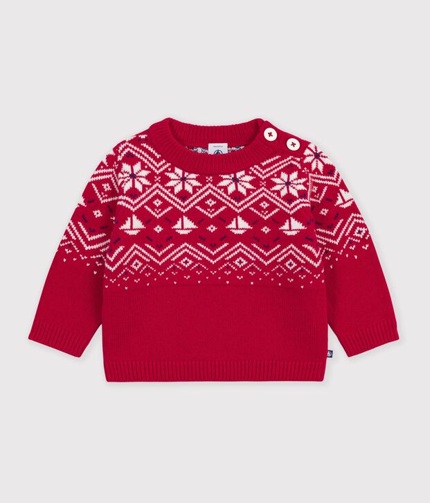 Babies' jumper in wool and cotton with a jacquard pattern red/multicolor