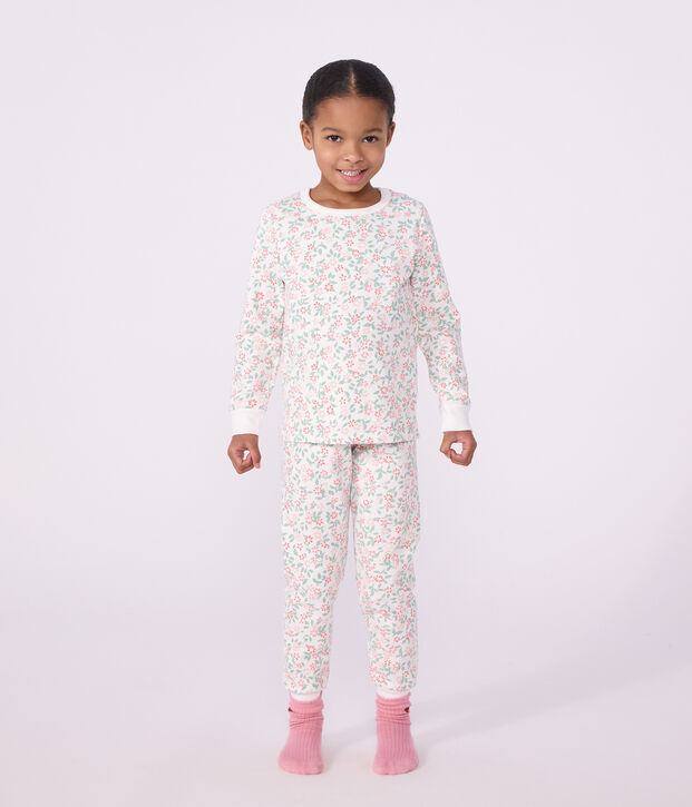 Children's fleece pyjamas with flowers white/multicolor