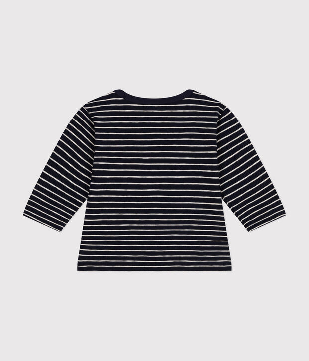 Babies' long-sleeved fine jersey T-shirt blue/beige