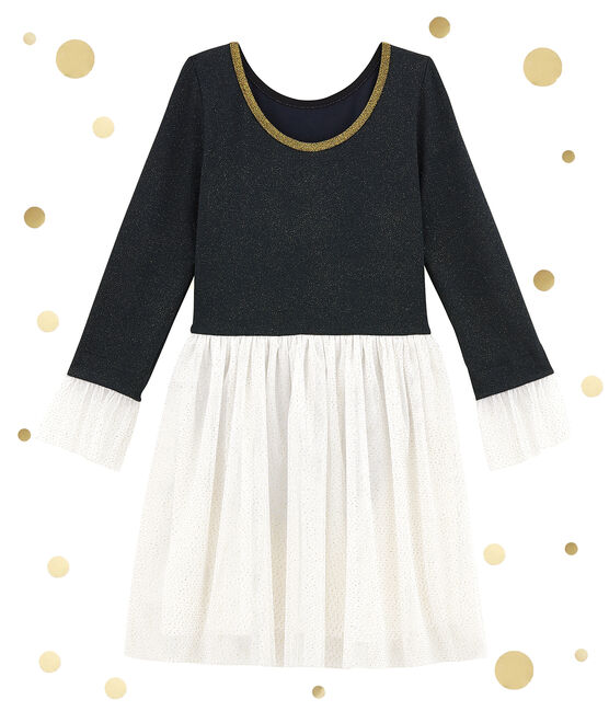 Girl's shiny dual fabric dress SMOKING blue/DORE yellow