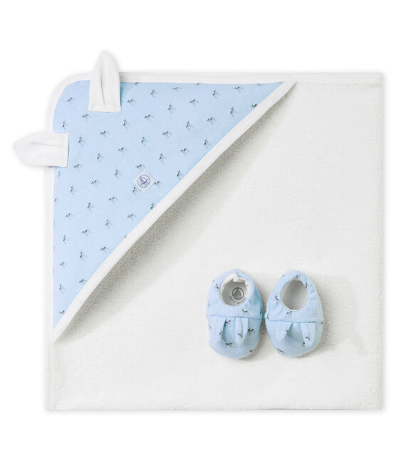 Unisex baby's set of bath towel and slippers FRAICHEUR blue/MULTICO white