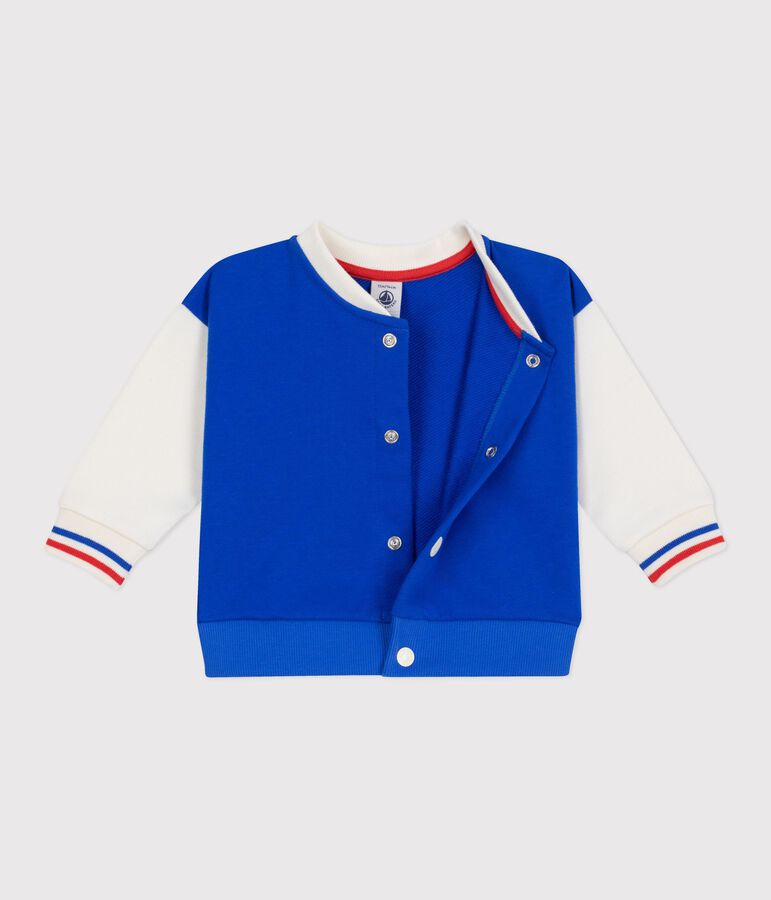 Babies' varsity-style jacket in colourblock cotton blue/ecru