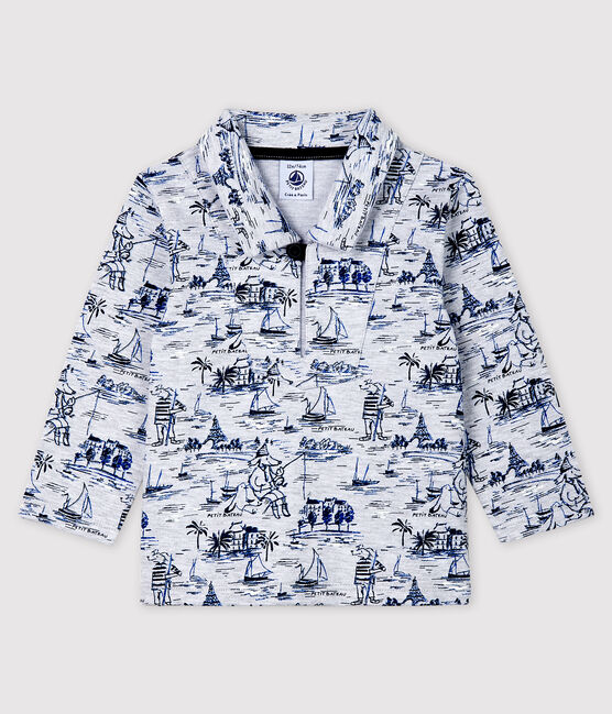 Baby boys' printed fleece sweatshirt POUSSIERE grey/SMOKING blue