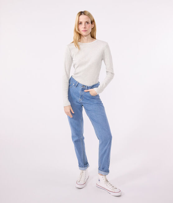 Women's plain rib knit long-sleeved Iconic T-shirt BELUGA CHINE grey