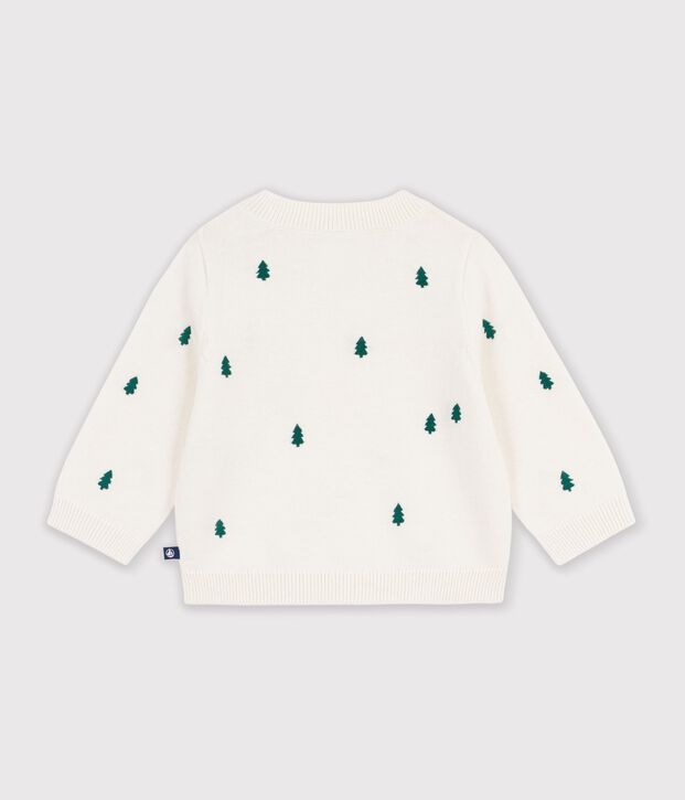 Babies' jumper in wool and cotton with embroidered bunny rabbits Ecru/green