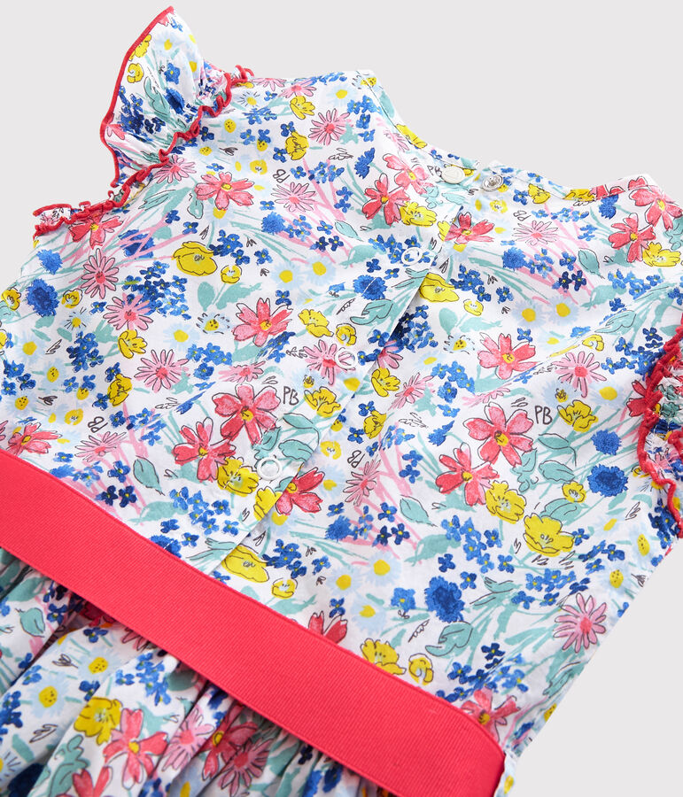 Girls' Short-Sleeved Poplin Dress MARSHMALLOW white/MULTICO white