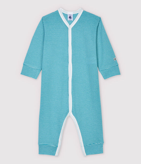 Stripy Cotton and Lyocell Sleepsuit MIROIR blue/MARSHMALLOW white