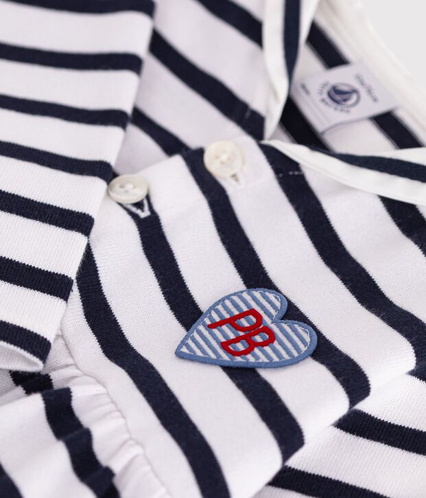 Babies' cotton dress with long sleeves and Breton stripes white/blue