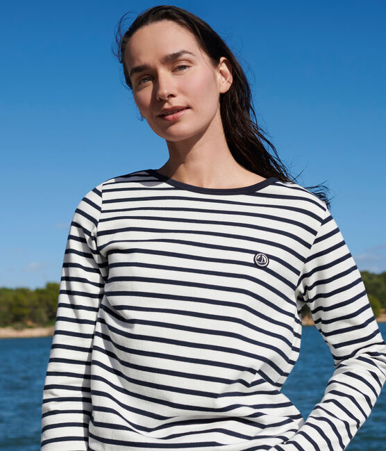 Women's long-sleeved cotton Breton top MARSHMALLOW white/SMOKING blue
