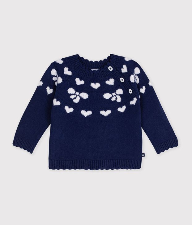Babies' wool and cotton jumper with bow motifs blue/ecru