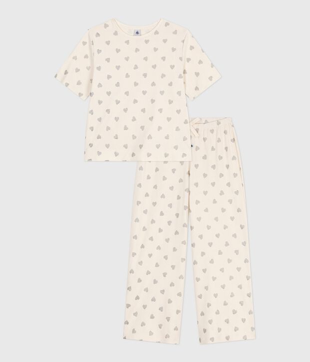 Women's cotton pyjamas with a heart print, short sleeves and wide legs Ecru/grey
