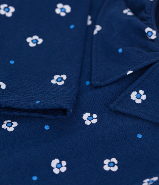Children's long-sleeved floral cotton T-shirt MEDIEVAL blue/MULTICO white