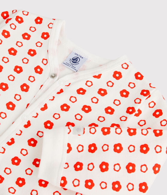 Babies' Retro Floral Organic Cotton Fleece Sleepsuit MARSHMALLOW white/SPICY