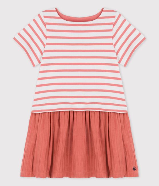 Girls' Organic Cotton Jersey and Gauze Dress MARSHMALLOW white/PAPAYE