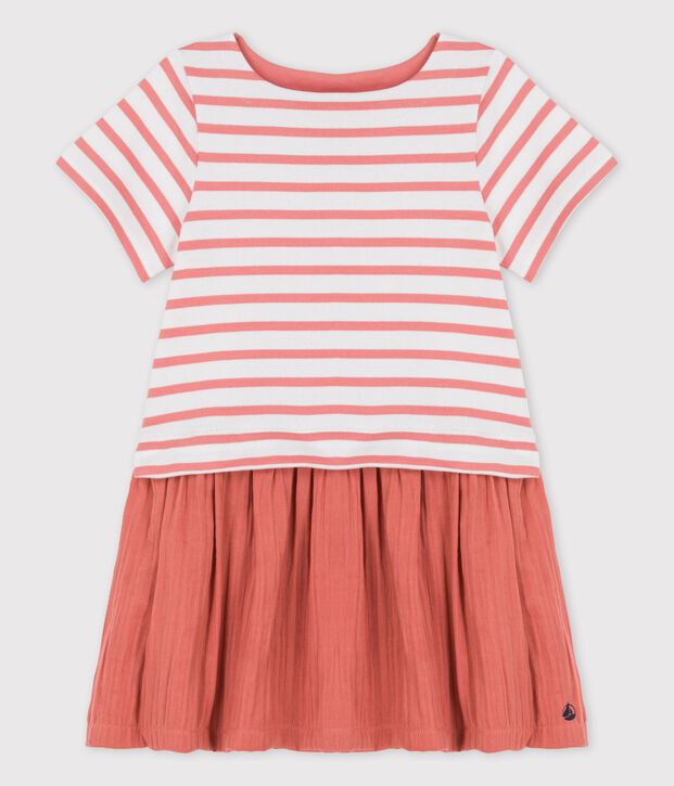 Girls' Organic Cotton Jersey and Gauze Dress white/pink