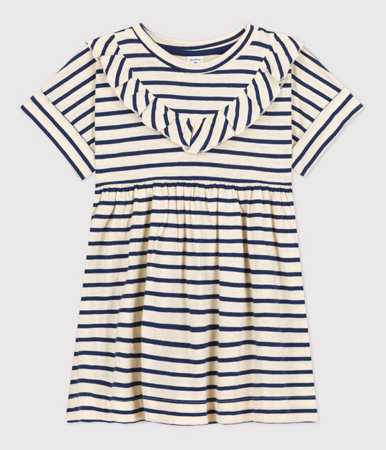 Girls' Stripy Short-Sleeved Cotton Dress AVALANCHE white/MEDIEVAL