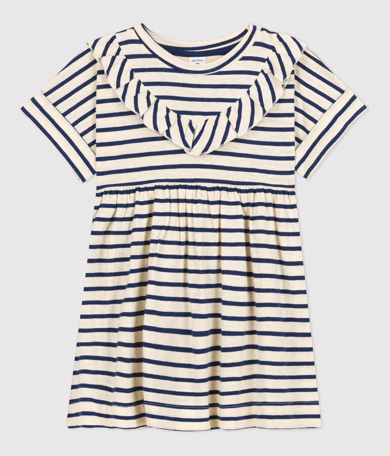 Girls' Stripy Short-Sleeved Cotton Dress Ecru/blue