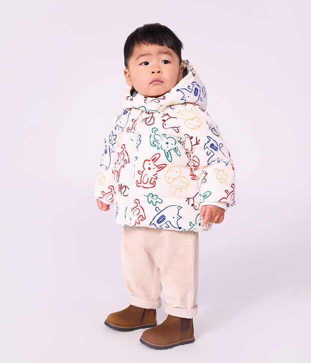 Babies' puffer jacket in animal print polyester Ecru/multicolor